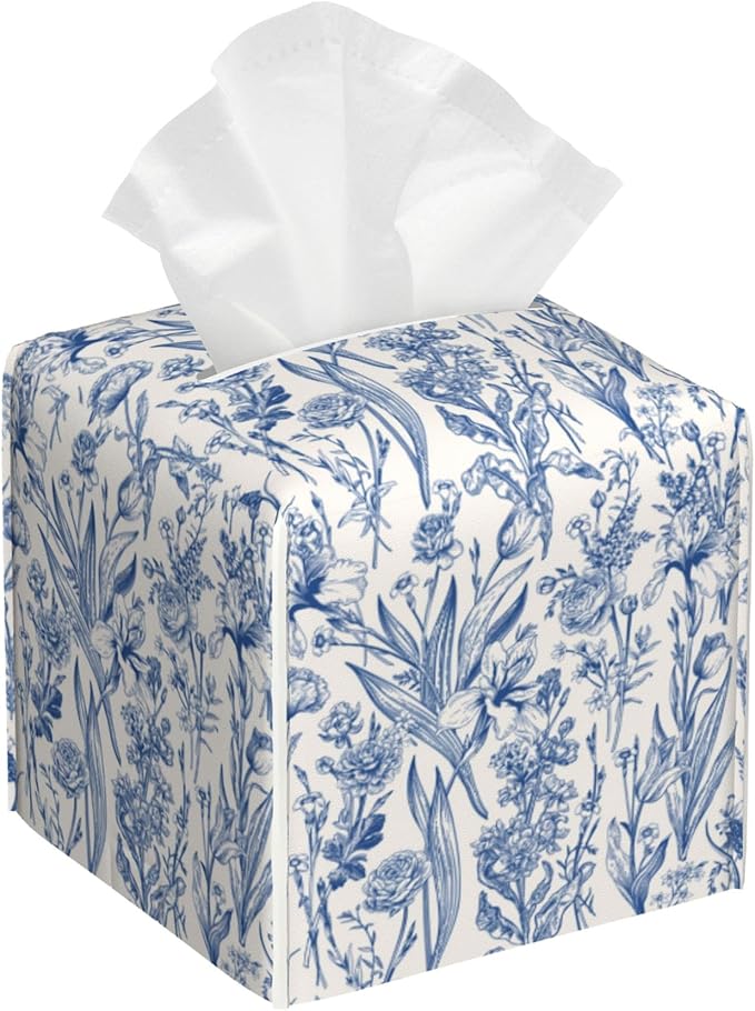 Vintage Floral Leather Tissue Box Holder Blue Flowers Tissue Box Cover Facial Paper Case Organizer Cube Napkin Dispenser for Bathroom Vanity Countertop Night Stand Office Car