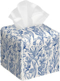 Vintage Floral Leather Tissue Box Holder Blue Flowers Tissue Box Cover Facial Paper Case Organizer Cube Napkin Dispenser for Bathroom Vanity Countertop Night Stand Office Car
