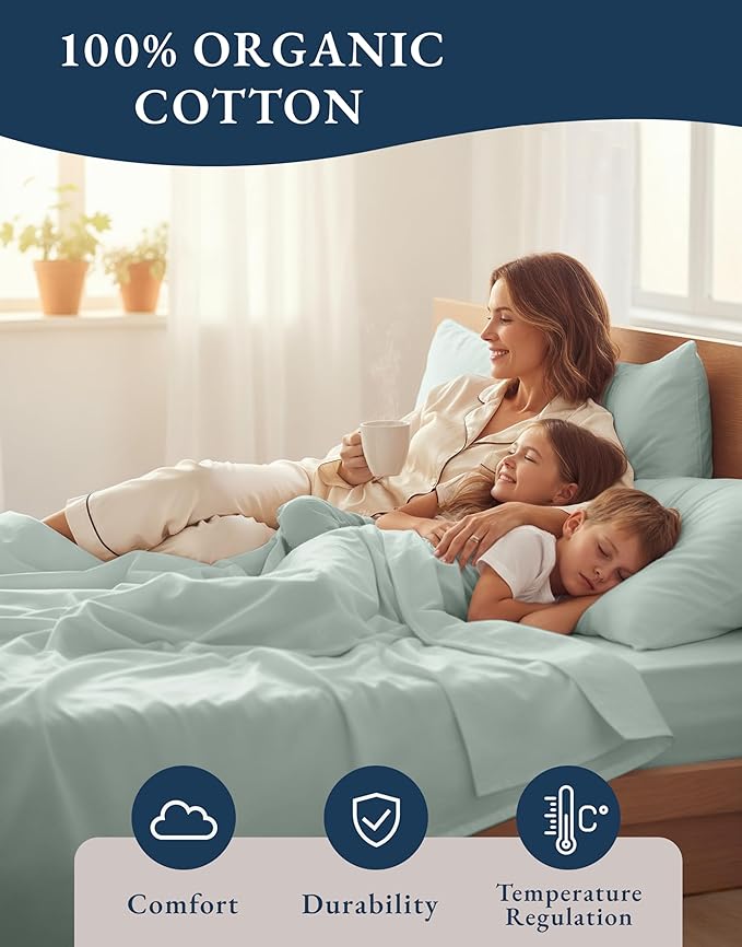 LANE LINEN 100% Organic Cotton Queen Sheets, Fully Elasticized Soft & Comfy Classic Percale Weave, Low Pill Fade Resistant Machine Washable Sheet & Pillowcase Sets, 15" Deep Pocket- Cool Blue