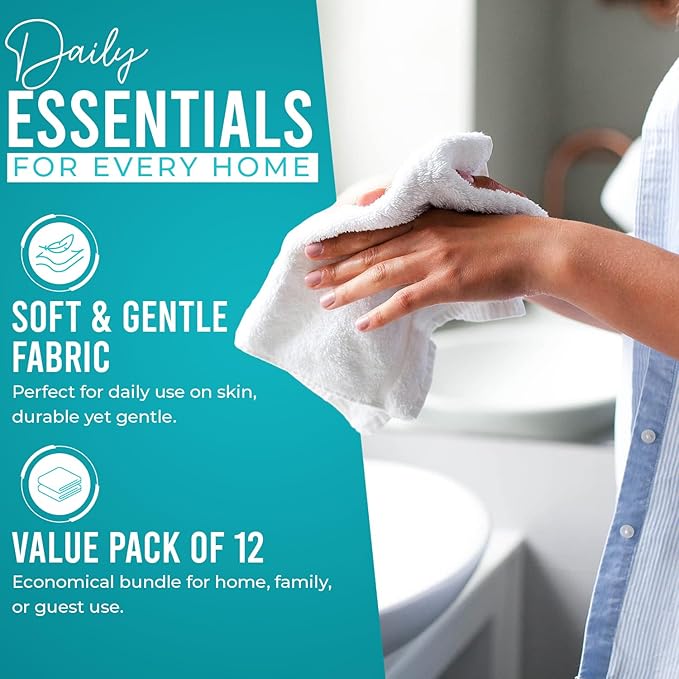 DAN RIVER 12 Pack Wash Cloths for Showering [12x12] - 100% Cotton Washcloths Premium Quality Flannel Face Cloths for Bathroom, Highly Absorbent and Soft Feel Wash Clothes, Aqua