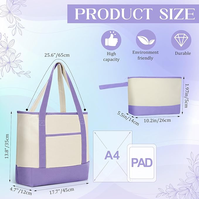 Sanwuta Canvas Tote Bags Bulk with Outer Pocket and Makeup Pouch 18'' Reusable Grocery Bags with Handles for Women Beach DIY