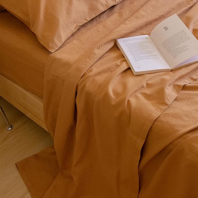 Simple&Opulence Belgian Linen Sheet Set Solid Color - 6 Pieces (1 Flat Sheet & 1 Fitted Sheet & 4 Pillowcases) 16" Deep Pocket Natural Flax Cotton Blended Soft Bedding - Rust, Queen Size
