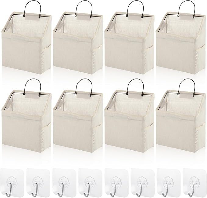 STARVAST 8Pcs Wall-Hanging Storage Bags, Desktop Organizer Basket, Door Organizer Basket, Bathroom Closet Hanging Storage Bag Waterproof Linen Cotton for Kitchen, Bedroom, Living Room, 8Hooks(White)