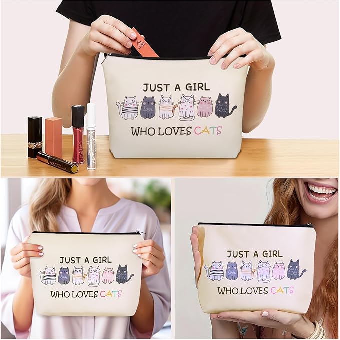 Girlly Cat Makeup Bag For Cat Lover Valentines Day Gifts: Cosmetic Bag & Toiletry Pouch Just A Girl Who Love Cats Themd For Mom, Daughters, Friends,Teen Girl & Women.Ideal Gifts For Travel, Birthdays.