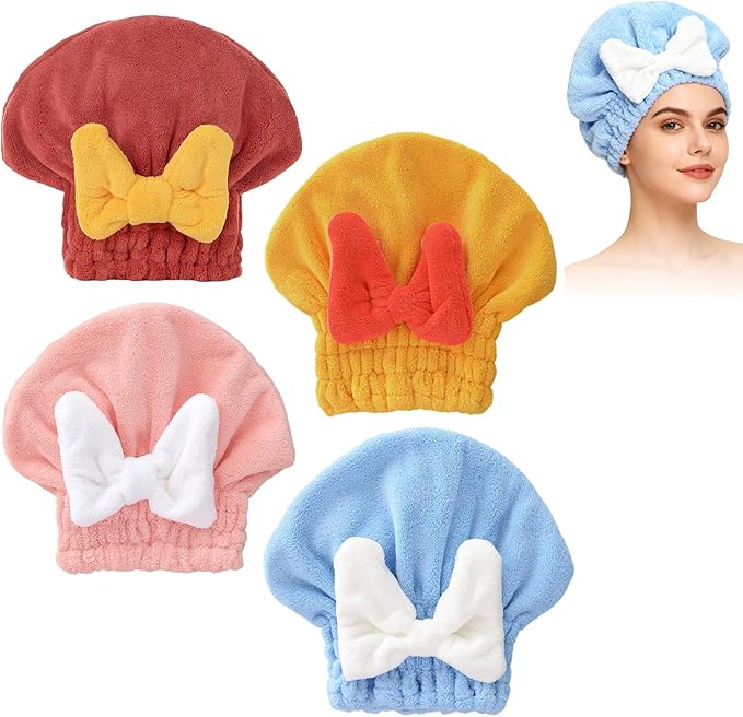 Super Absorbent Hair Towel Wrap for Wet Hair, Microfiber Hair Towel Wrap Quick-Drying Thickened Hair Towels, Soft Bow Tie Wet Hair Towels Wrap for Women Girls (Pink+Blue+Yellow+Red)