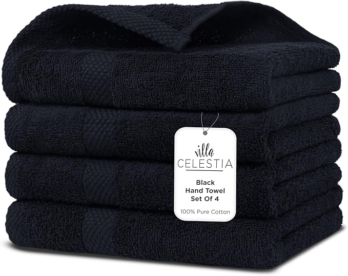 Villa Celestia 100% Cotton Hand Towel Set of 4, (16 x 28 inches) Sustainable, Soft, Highly Absorbent, Quick Drying, Combed Cotton Hand Towels Pack of 4 Ideal for Hotels, Spa, Bathroom, Dorm, Black