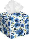 Blue Blooming Floral Flower and Plants Tissue Box Cover Square Leather Tissue Holder Waterproof Facial Paper Organizer Dispenser Cube Paper Cover Case for Home Office Bathroom Vanity Countertop