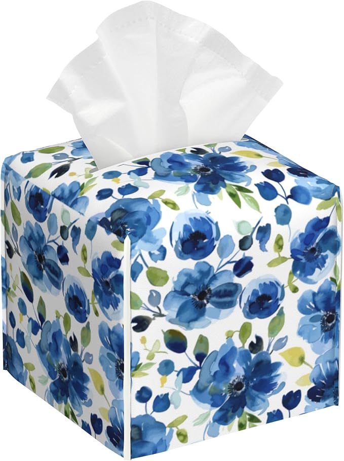 Blue Blooming Floral Flower and Plants Tissue Box Cover Square Leather Tissue Holder Waterproof Facial Paper Organizer Dispenser Cube Paper Cover Case for Home Office Bathroom Vanity Countertop