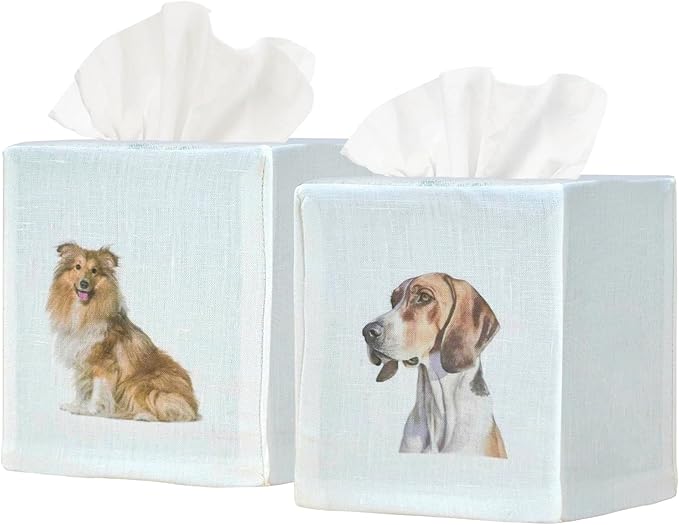 EmbroideryLinen.VN Tissue Box Cover Set of 2, Square Linen Tissue Holder, Printed Animal Pattern, 4.5x4.5x5.5 Inches, Decorative Holder for Bathroom, Living Room, Office (Dog - Ivory)