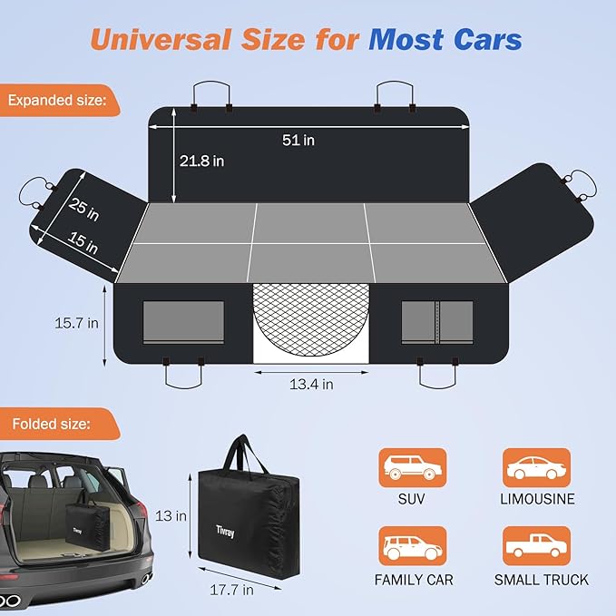 Tivray Back Seat Extender for Dogs, Dog Car Seat Cover for Back Seat Hard Bottom - Holds 330lbs Waterproof Cover for Dogs with Mesh Window & Pocket, Dog Hammock for Car, Small Truck, Black + Black