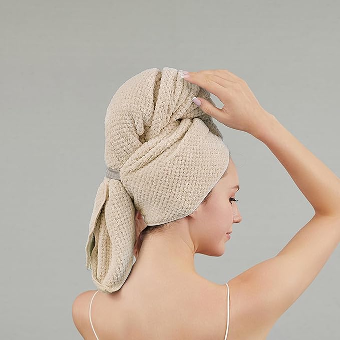 SURPRISE PIE Women Microfiber Hair Towel Wrap with Elastic Strap,Super Absorbent Anti Frizz Drying Turban for Curly, Long,Wet Hair- Beige