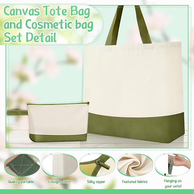 Sanwuta Canvas Tote Bags Bulk with Zipper Cosmetic Pouch 18.5" Reusable Cotton Shopping Bag with Handle for DIY Craft