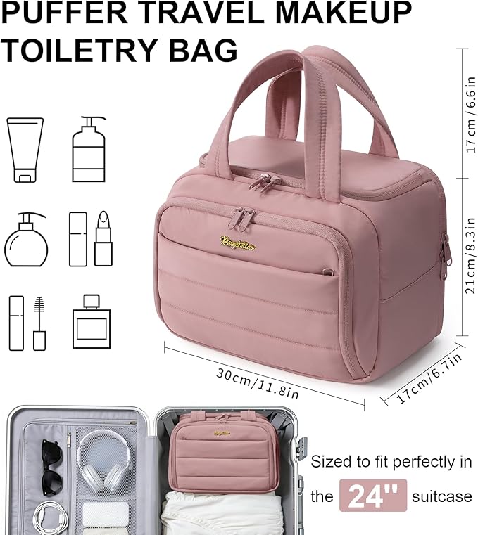Bagstellar Travel Toiletry Bag, Lightweight Wide-open Large Puffy Toiletry Bag for Women, Quilted Makeup Bag Organizer Water-resistant Cosmetic Bag with Handle for Toiletries, Essentials, Accessories
