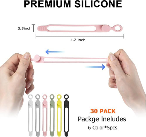 30Pcs Nearockle Silicone Cable Ties for Bundling Earphone, Phone Charger, Computer Cords, Reusable Cord Organizer Cable Management in Home,Office,Kitchen,School (6 Colors)