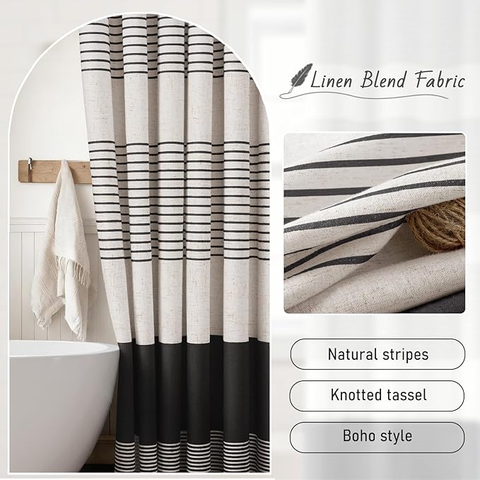 XOGUIBO Black Shower Curtain Boho Linen Striped Shower Curtains for Bathroom with Tassel 72 X 72
