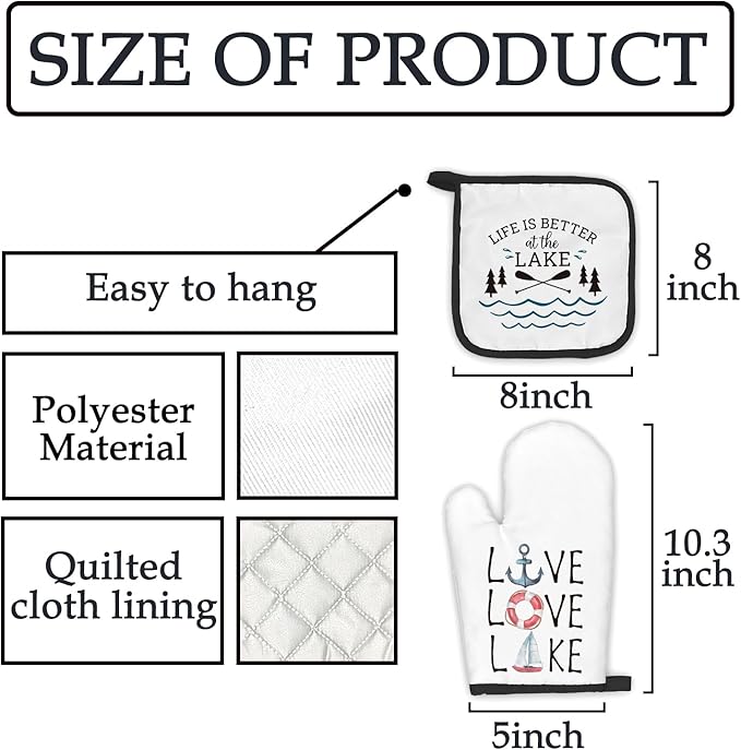 Lake Lovers Gifts Oven Mitts and Pot Holders Sets, Lake House Gifts Kitchen Accessories Sets, Lake House Decor,Life is Better at The Lake Heat Resistant Oven Glove Potholders for Kitchen Baking