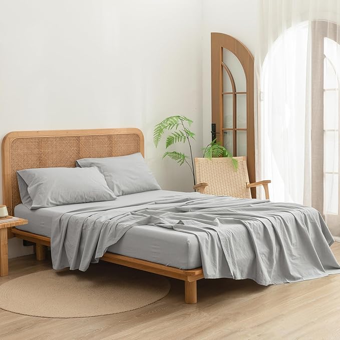 BESTOUCH Sheet Set 100% Washed Cotton Linen Feel Super Soft Comfortable Chic Lightweight 4 Pcs Home Bedding Set Solid Northern Droplet Grey Full