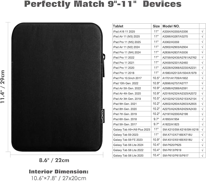 MoKo 9-11 Inch Tablet Sleeve Bag Carrying Case Fits New 11inch iPad Air M3, iPad A16 2025, iPad Pro 11 M4, Air 5/4/3, iPad 10/9/8th Gen, Tab S8/S9 11", Black | Black