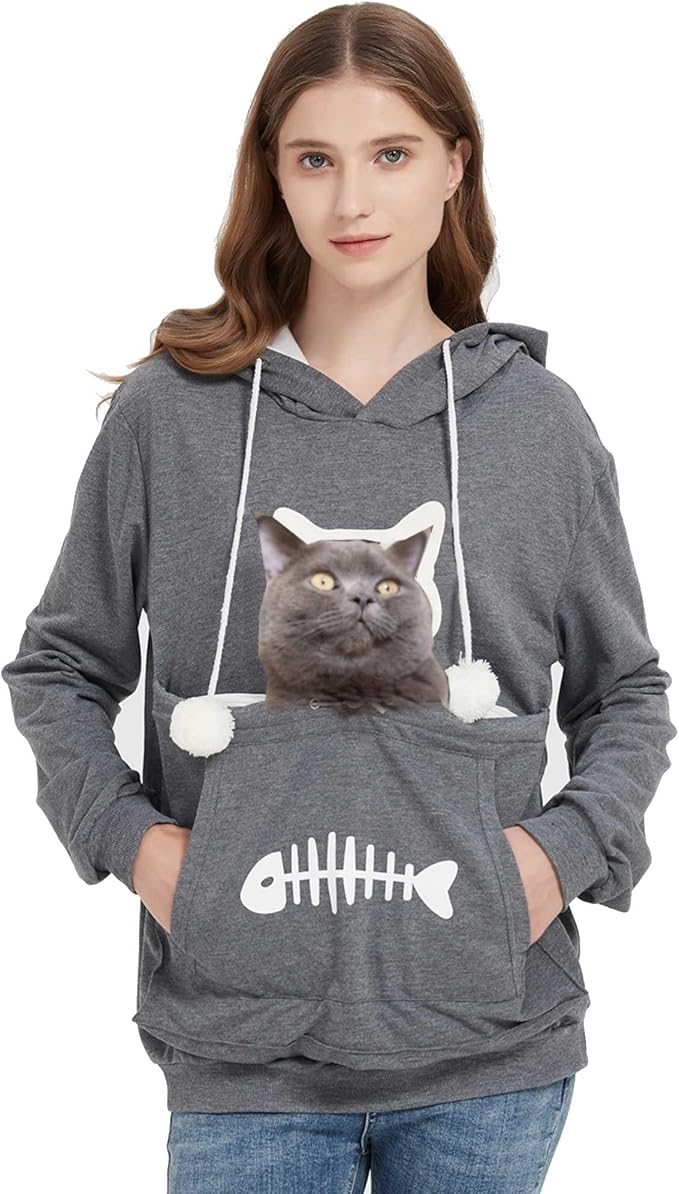 Gets Pet Cat Dog Pouch Hoodie Kitten Puppy Holder Carrier Pullover Long Sleeve Kangaroo Pocket Hoodie Unisex (Dark Grey,XL)