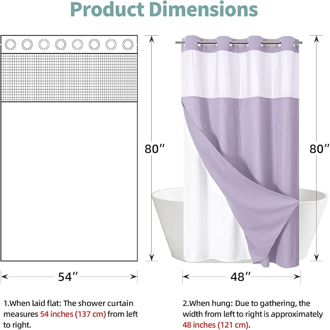 eachope Lavender No Hook Waffle Weave Shower Curtain with snap-in Liner Replacement, 230GSM Waterproof Fabric Hotel Shower Curtain Set for Bathroom, Through Mesh Top Window,54Wx80H