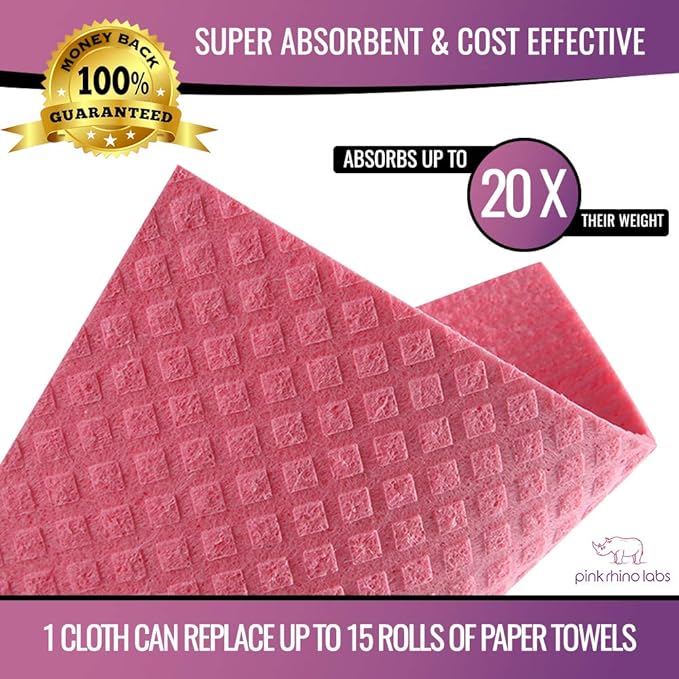 PINK RHINO LABS Swedish Dishcloths – Eco-Friendly Reusable Kitchen Towels – 10 Pack Cleaning Cloths for Dishes, Counters & Surfaces – Super Absorbent, Compostable, Zero-Waste Alternative -