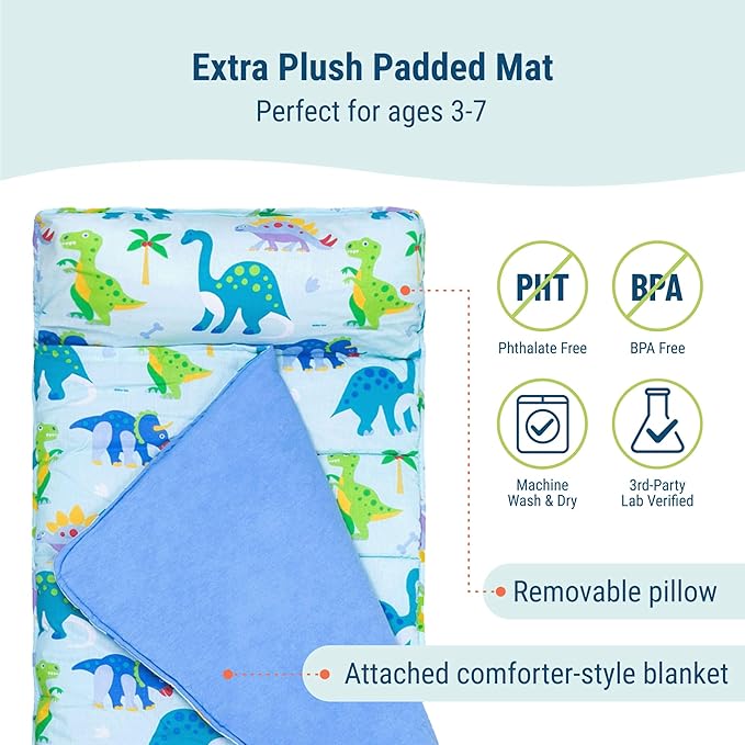 Wildkin Kids Original Nap Mat – Cozy Kids Sleep Mat with Pillow, Ideal for School & Travel - Dinosaur Land