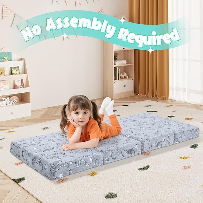 MeMoreCool Foldable Floor Mattress for Kids, Glow Dinosaur Trifold Mat, Kids Folding Mattress Portable Futon, Grey