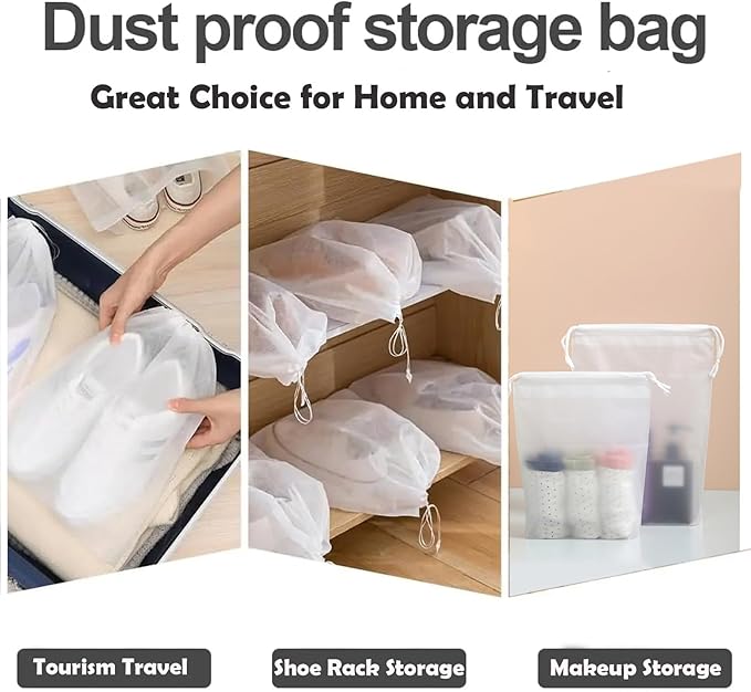 JACUXLSS Frosted Clear Plastic Travel Shoe Bag for Men Woman Travel Organizer, 15Pcs Washable Translucent Drawstring Pouch with Rope for Golf GYM Sneaker Clothes Suitcase Home Packing Storage