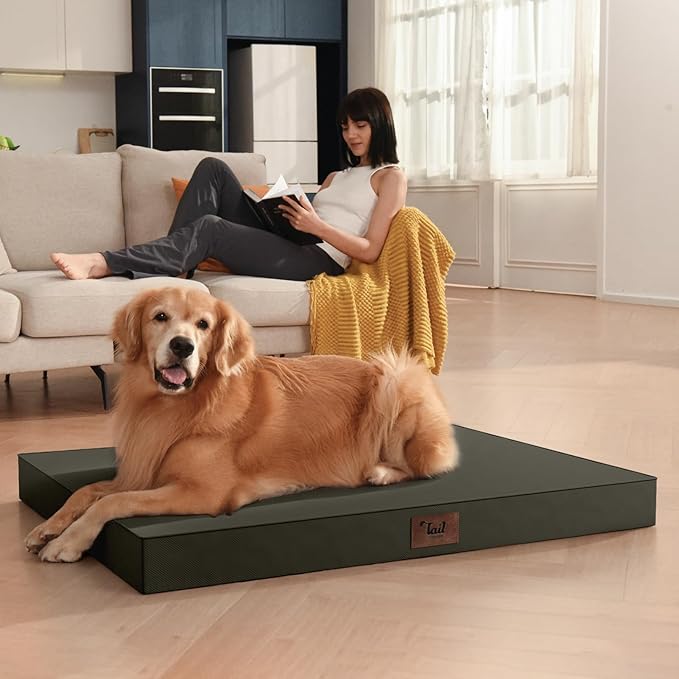 Tail Stories Outdoor Large Washable Dog Bed, Orthopedic Egg Crate Foam Dog Crate Mat for Large Dogs with Removable Oxford Cooling Cover, Brown