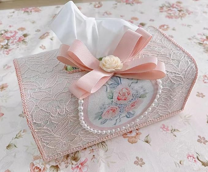 Tissue Cover Holder Fabric Art Cute Tissue Box Cover Dispenser Napkin Organizer for Bathroom Bedroom Office and Car (A-Pink)
