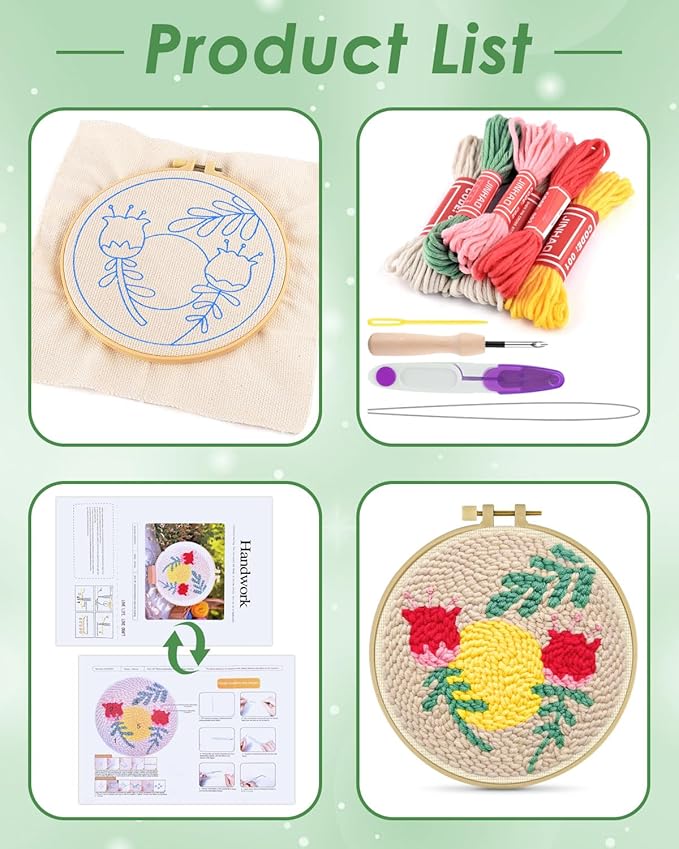 ERKOON Punch Needle Kit Adults Beginners, DIY Easy Floral Embroidery Set for Starter Art Craft, Needling Punch Project with Patterns, Tools, Yarns, Hoop, Instruction (Rose Passing)
