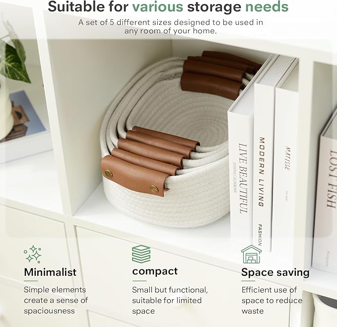 ECDYQXVU 5 Piece Storage Baskets Small Woven Basket with Detachable Leather Handle, Cotton Rope Shelf Baskets for Closet Organizers, Different Sizes Basket Decor, White