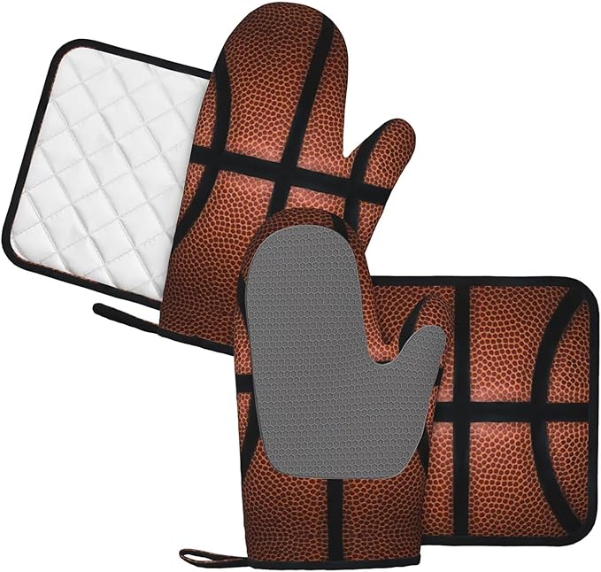Basketball Oven Mitts and Pot Holders Set of 4 Silicone Basketball Spot Leather Texture Sport Kitchen Mitten Gloves and Sports Theme Potholders Set Oven Gloves Hot Holders for Kitchen