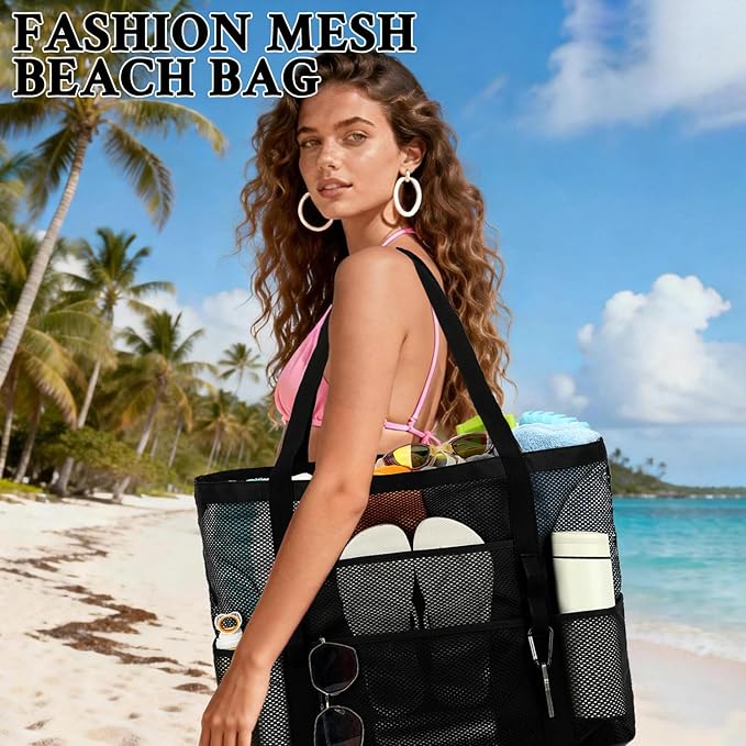 GYEUKHAM Mesh Beach Bag - Large Beach Tote Bag with Multiple Pockets for Family Beach Bag for Toys & Vacation Essentials