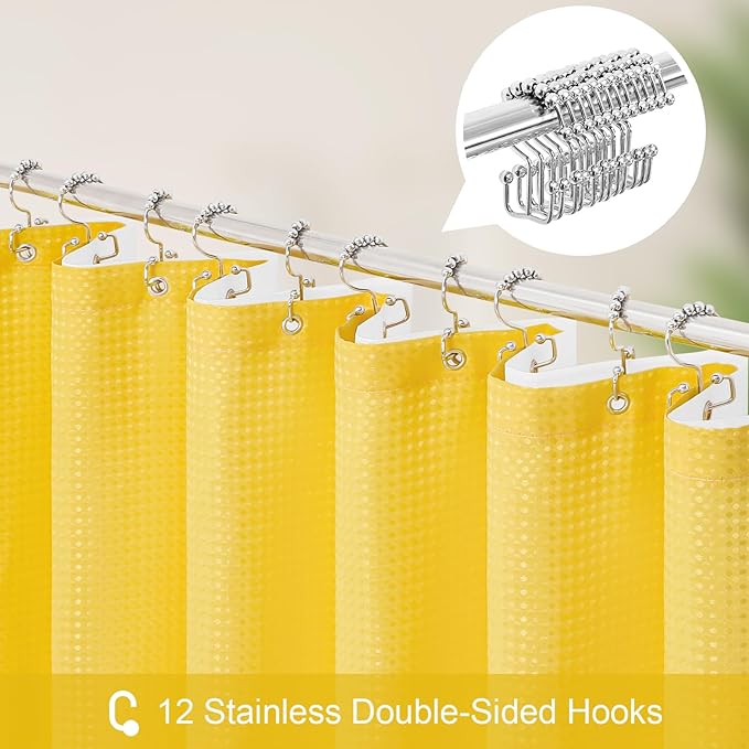 Craidlela 3 in 1 Extra Long Yellow Shower Curtain Set-72 W x 84 H, Modern Waffle and PEVA Liner Set with 12 Stainless Steel Hooks, Waterproof Fabric for Bathroom