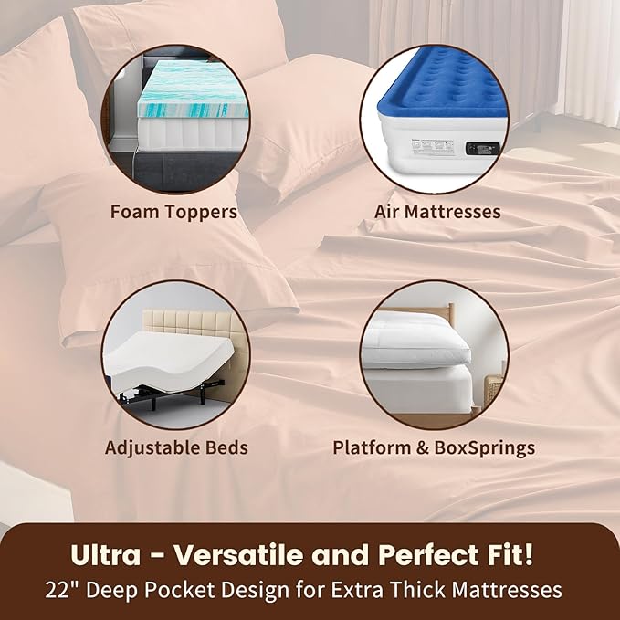 100% Linen Sheet Set King Size Extra Deep Pocket Fits 18-24 Inch Mattress, Breathable & Soft, Smooth 4-Piece Set for Thick Mattresses Hotel Luxury Bedding（King, Brown）