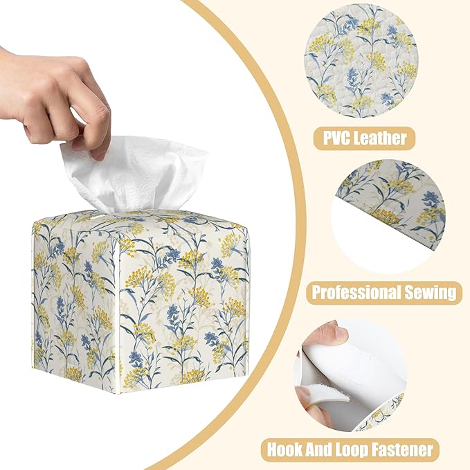 BLYKVGHQ Yellow Berries and Leaves Tissue Box Cover Square, Autumn Floral Tissue Box Holder with Bottom Belt Leather Facial Paper Organizer Dispenser for Bathroom Bedroom Dresser Night Stand Tabletop