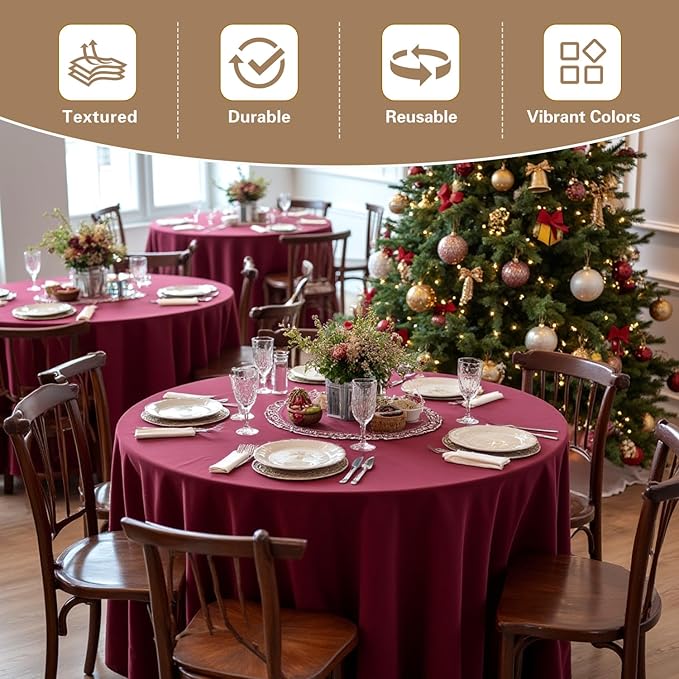 sancua 120 Inch Round Tablecloth, 8 Pack Burgundy - Circle Polyester Fabric Table Cloth for Chiristmas Party Reception Banquet Birthday, Washable Formal Table Cover (Fit 48-96 Inch Tables)