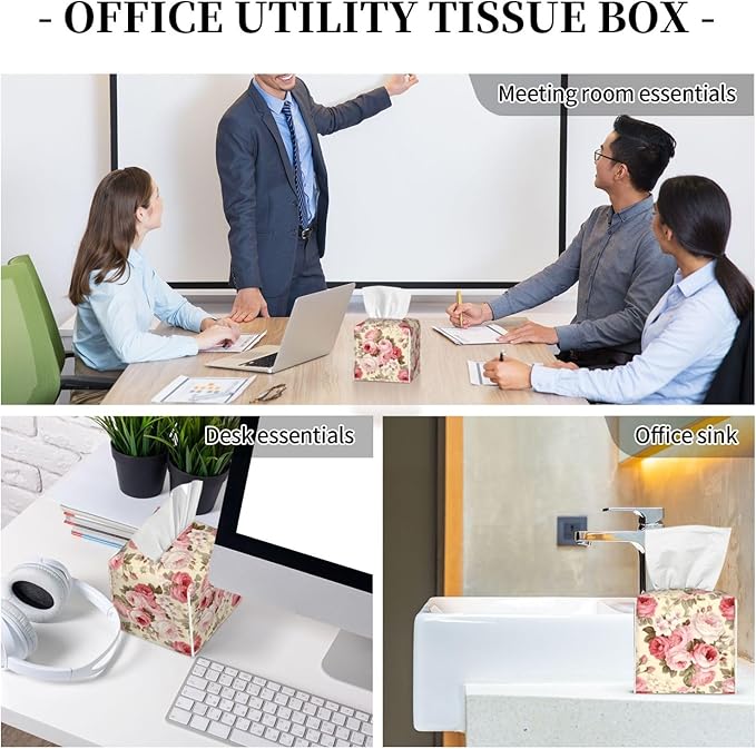 PVC Tissue Box Cover Holder,Flower Square Decorative Organizer,5.2"X5.2"X5.2" Tissue Case for Bathroom,Tabletop,Car,Office