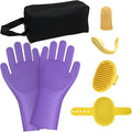 7-Piece Pet Grooming Kit with Storage Bag | Portable Bathing Set for Dogs & Cats | Includes Silicone Gloves, Deshedding Brushes & Finger Toothbrushes | All-in-One Pet Care (Lavender Purple)-MIYIJHY