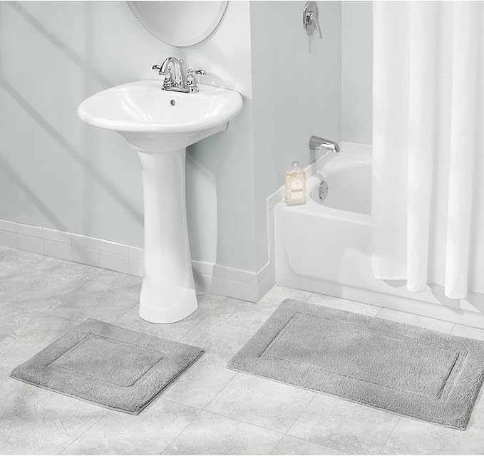 mDesign 100% Cotton Bath Mat - Soft Hotel-Style Rectangular Bathroom Floor Rug - Plush, Water Absorbent Cloth Bathmat for Outside Bathtub/Shower, Machine Washable Cotton Bath Rug - 2 Pack - Gray