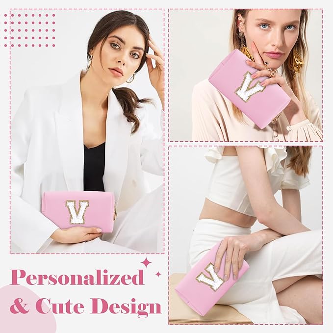 Personalized Initial A-Z Preppy Patch Makeup Bag,Small PU Chenille Letter Cosmetic Bag with Zipper for Teen Girls,Pink Cute Toiletry Organizer Bag,Monogram Makeup Case Gift for Women Girls,Letter V