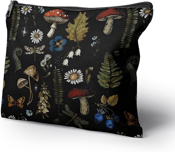 Cafl Vintage Woodland Makeup Bag Travel Large Mushroom Fern Cosmetic Bag Organizer toiletry Essentials Jewelry Skincare Zipper Bag For Women -10×8 inch
