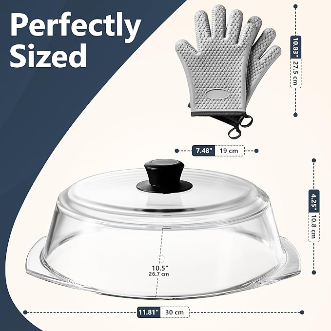 Glass Microwave Splatter Cover for Food Plates & Cookware with Oven Mitts, Borosilicate Glass Splatter Lid Guard with Vent Hole & Easy Grip Silicone Handle, 100% BPA Free & Dishwasher Safe