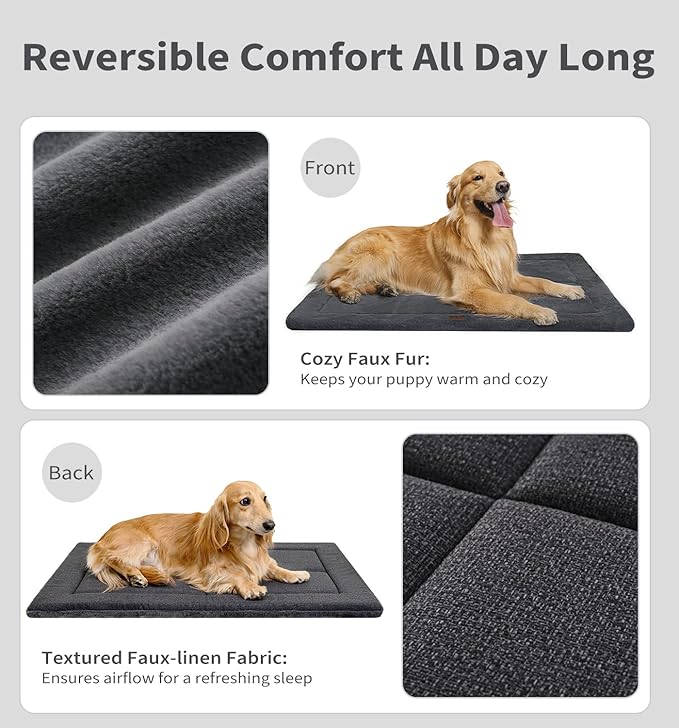 Made4Pets Dog Crate Pad Bed for Medium Large Dogs, Washable & Reversible, Anti-Slip Kennel Mat for Cozy Sleeping, Soft Fluffy Dog Bed for Indoor & Outdoor Use, 35"x23", Dark Gray