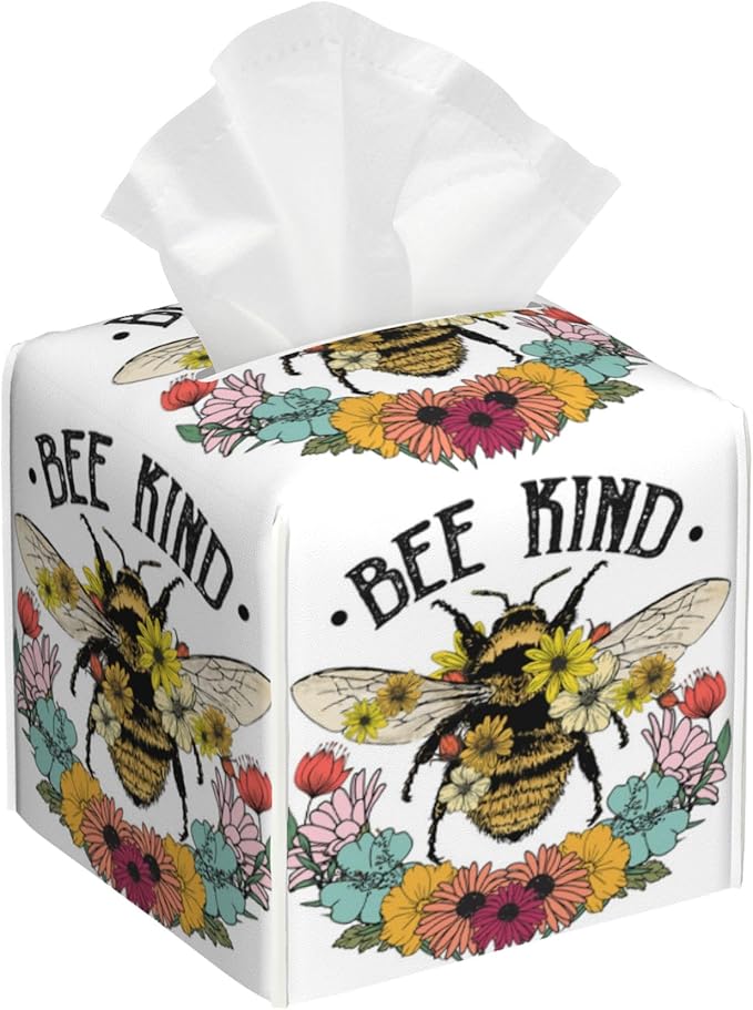 POIUBLE Tissue Box Holder Honey Bee and Flowers Tissue Box Cover Square Leather Tissue Holder Organizer Portable Decorative Facial Paper Case for Home Office Bathroom Vanity Countertop