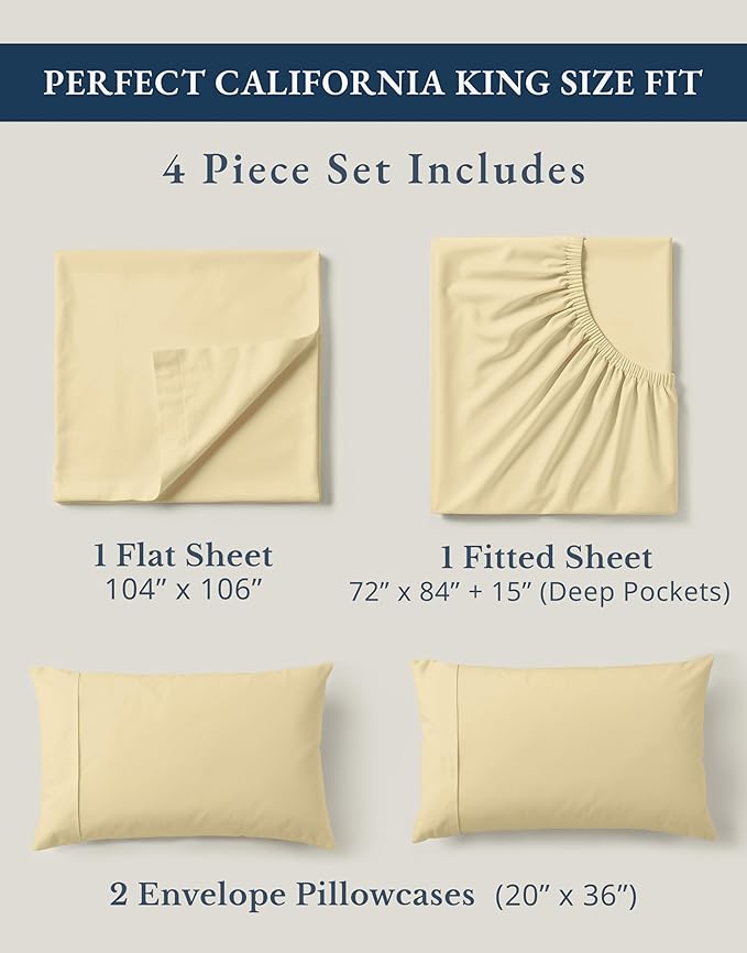 LANE LINEN 100% Organic Cotton California King Sheets Set, 4-Piece Soft & Comfy Luxury Hotel Style Percale Weave Best Bedding Sheets for Bed, Breathable, Fits Mattress Upto 15" Deep - Vanilla