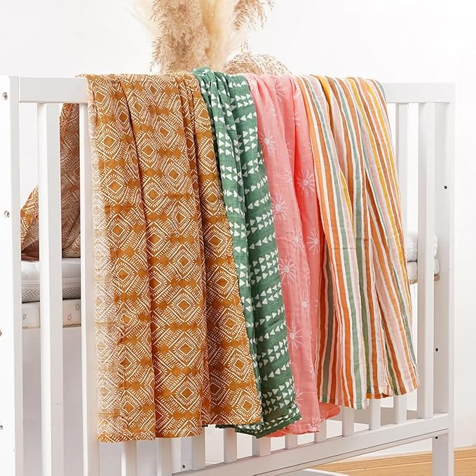 CoolaPeach 4 Set Muslin Swaddle Blankets for Newborn Baby Boys, Girls,Receiving Blankets-Cute Soft Print Baby Towel Wrap 120x110cm Baby(Leaf)