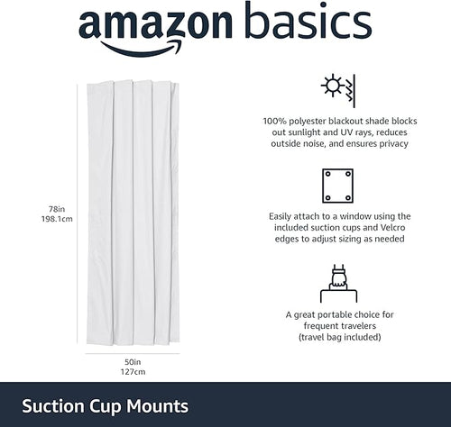 Amazon Basics Portable Blackout Curtain Shade with Suction Cups, 50"W x 78"L, 1 Pack, White