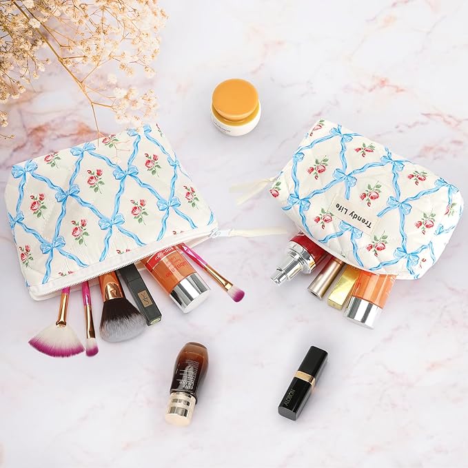 HAOGUAGUA 2 Pieces Makeup Bag, Small Large Quilted Cosmetic Bag, Travel Floral Make Up Toiletry Organizer Bag for Women Girls (2PCS STYLE A-3)